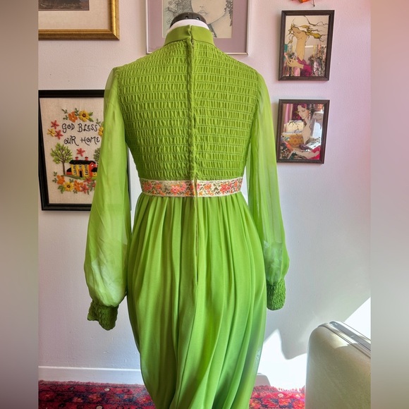 1970s Chartreuse Chiffon Victorian Medieval Revival Maxi Dress Gown - Picture 3 of 9